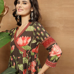 Cotton Ankle Length Printed 3/4 Sleeves V-Neck Flared Kurta