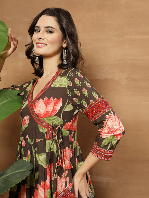 Cotton Ankle Length Printed 3/4 Sleeves V-Neck Flared Kurta