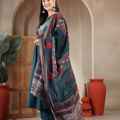 Gulmohar Jaipur Rayon Calf Length Printed 3/4 Sleeves Round Neck A-Line Kurta Suit Set