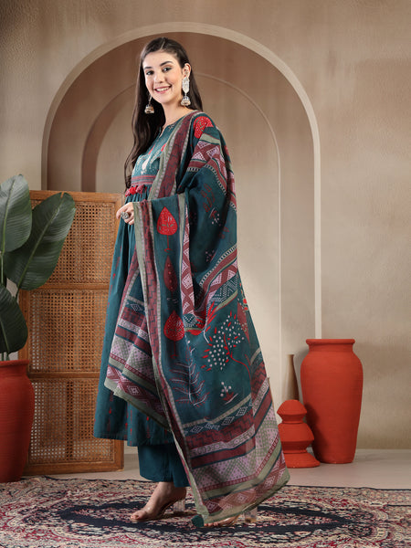 Gulmohar Jaipur Rayon Calf Length Printed 3/4 Sleeves Round Neck A-Line Kurta Suit Set