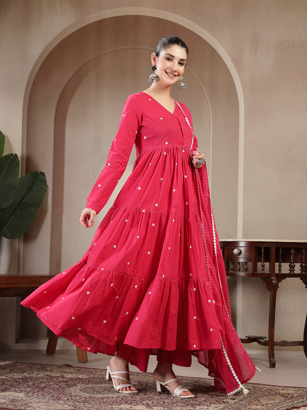 Gulmohar Jaipur Cotton Calf Length Solid Full Sleeves V-Neck Anarkali Kurta Suit Set