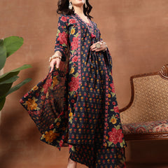 Cotton Calf Length Printed 3/4 Sleeves V-Neck Flared Kurta Suit Set