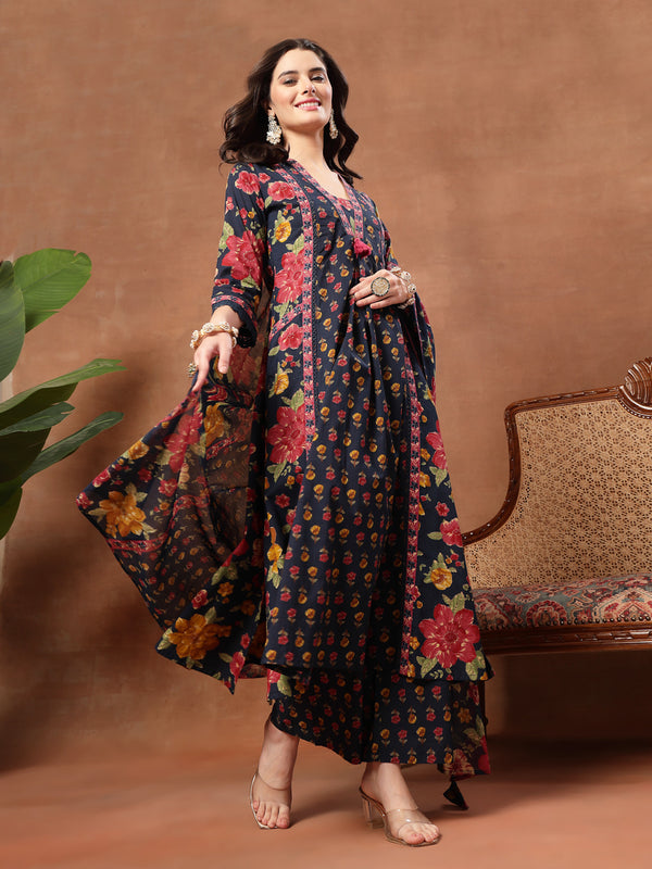 Cotton Calf Length Printed 3/4 Sleeves V-Neck Flared Kurta Suit Set