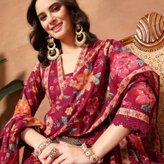 Cotton Calf Length Printed 3/4 Sleeves V-Neck Flared Kurta Suit Set