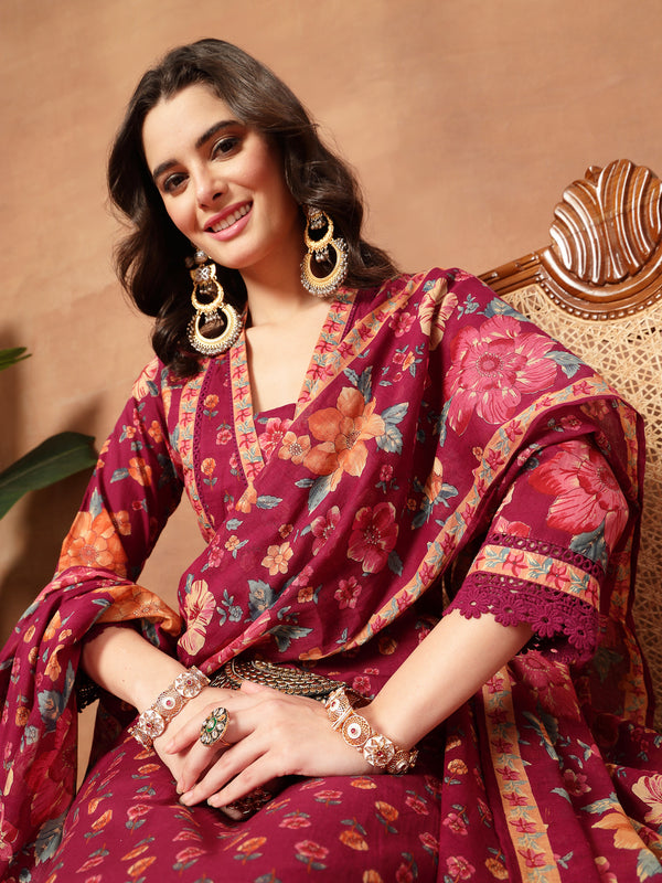 Cotton Calf Length Printed 3/4 Sleeves V-Neck Flared Kurta Suit Set