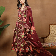 Cotton Calf Length Printed 3/4 Sleeves V-Neck Flared Kurta Suit Set