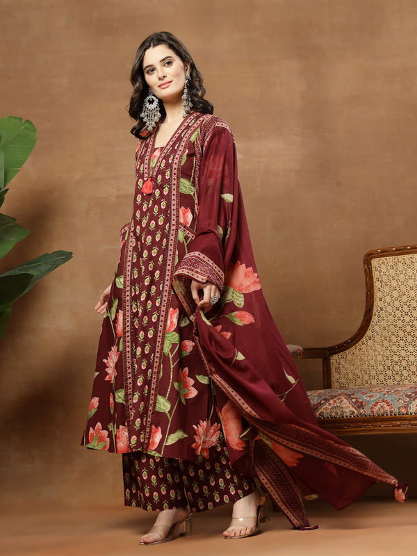 Cotton Calf Length Printed 3/4 Sleeves V-Neck Flared Kurta Suit Set