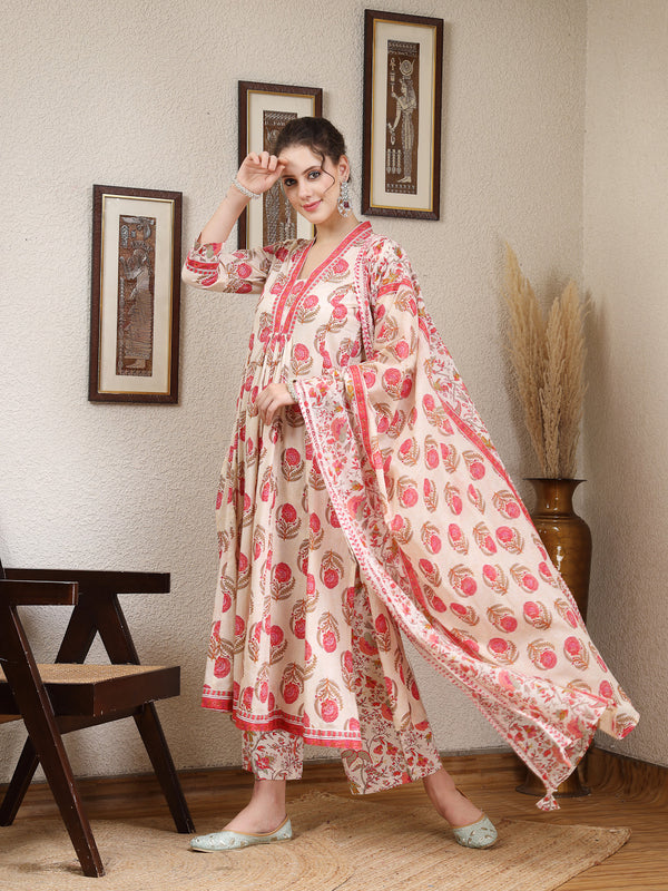 Pink Cotton Calf Length Printed V-Neck Anarkali Kurta Suit Set