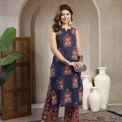 Cotton Calf Length Printed Sleeveless Round Neck Straight Kurta Suit Set