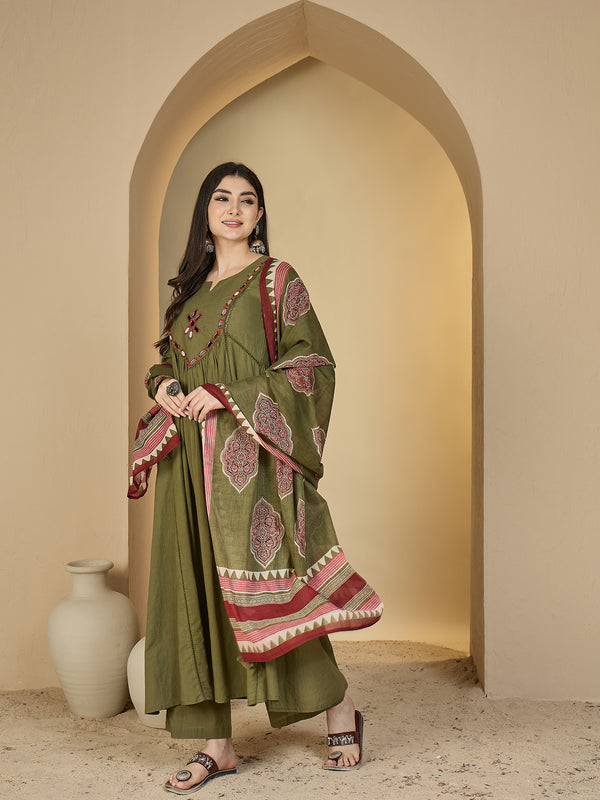 Gulmohar Jaipur Cotton Calf Length Solid 3/4 Sleeves Round Neck Flared Kurta Suit Set