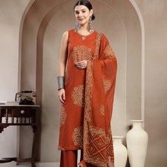 Gulmohar Jaipur Cotton Calf Length Printed Sleeveless Round Neck Straight Kurta Suit Set