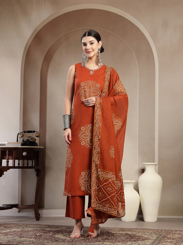 Gulmohar Jaipur Cotton Calf Length Printed Sleeveless Round Neck Straight Kurta Suit Set