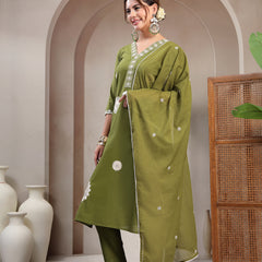 Cotton Calf Length Solid 3/4 Sleeve V-Neck Straight Kurta Suit Set