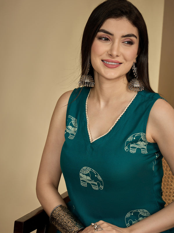 Gulmohar Jaipur Rayon Calf Length Printed Sleeveless V-Neck Straight Kurta Suit Set