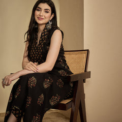 Gulmohar Jaipur Cotton Calf Length Printed Sleeveless Collard Straight Kurta Suit Set
