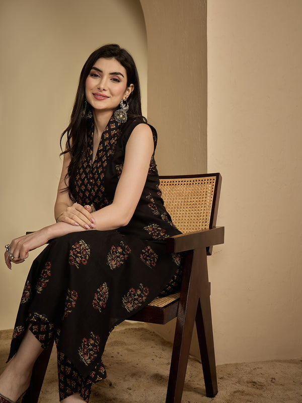 Gulmohar Jaipur Cotton Calf Length Printed Sleeveless Collard Straight Kurta Suit Set