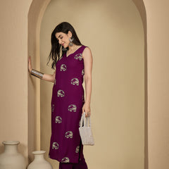 Gulmohar Jaipur Rayon Calf Length Printed Sleeveless V-Neck Straight Kurta Suit Set