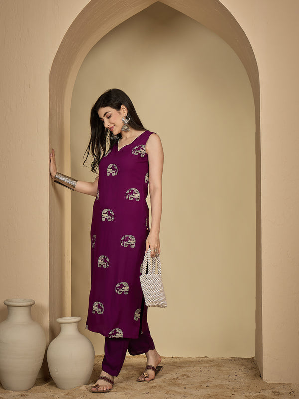 Gulmohar Jaipur Rayon Calf Length Printed Sleeveless V-Neck Straight Kurta Suit Set