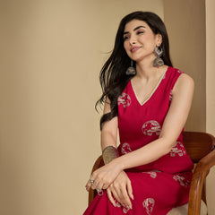 Gulmohar Jaipur Rayon Calf Length Printed Sleeveless V-Neck Straight Kurta Suit Set