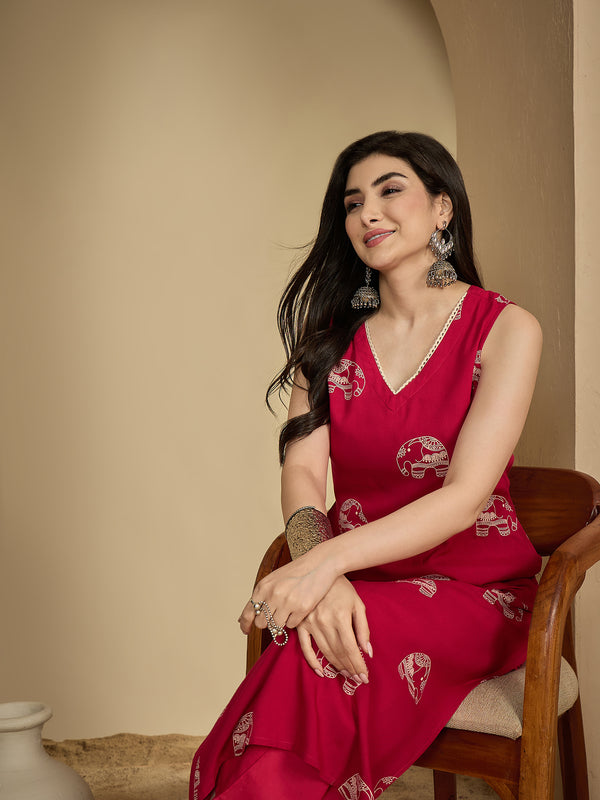 Gulmohar Jaipur Rayon Calf Length Printed Sleeveless V-Neck Straight Kurta Suit Set