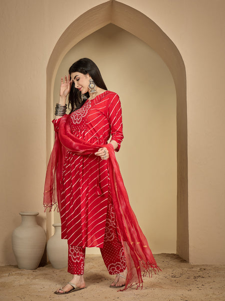 Gulmohar Jaipur Cotton Calf Length Printed 3/4 Sleeves Round Neck Flared Kurta Suit Set