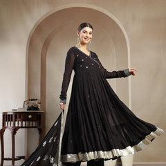 Gulmohar Jaipur Malmal Calf Length Solid Full Sleeves Anrakha Neck Anarkali Kurta Suit Set