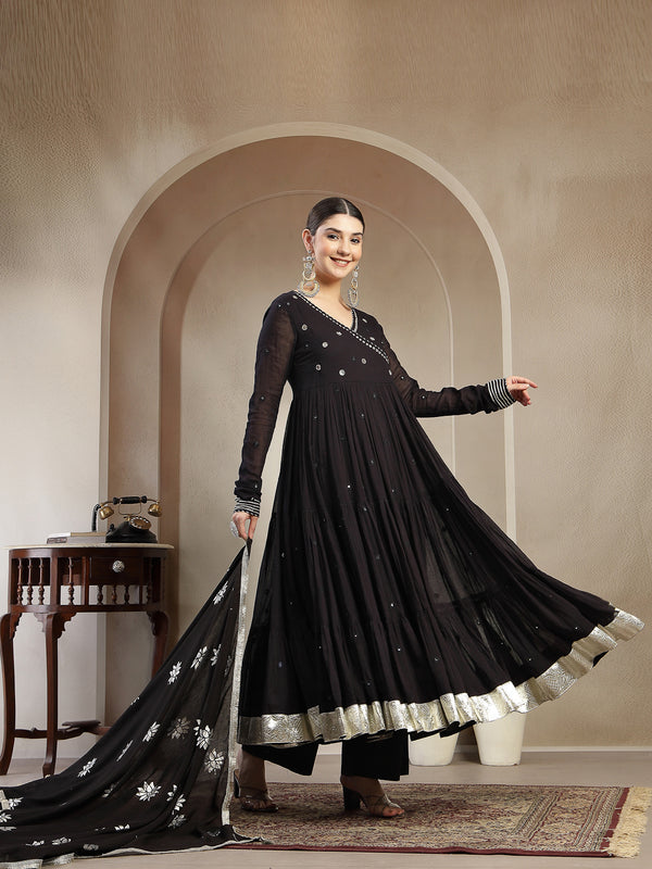 Gulmohar Jaipur Malmal Calf Length Solid Full Sleeves Anrakha Neck Anarkali Kurta Suit Set