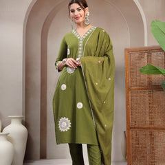 Cotton Calf Length Solid 3/4 Sleeve V-Neck Straight Kurta Suit Set