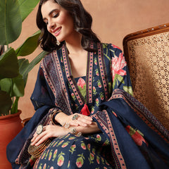 Cotton Calf Length Printed 3/4 Sleeves V-Neck Flared Kurta Suit Set