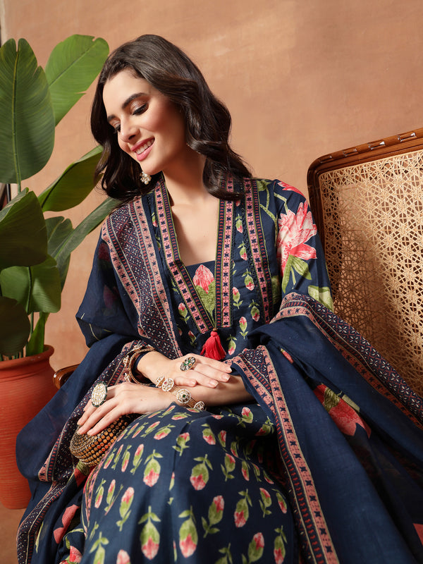 Cotton Calf Length Printed 3/4 Sleeves V-Neck Flared Kurta Suit Set