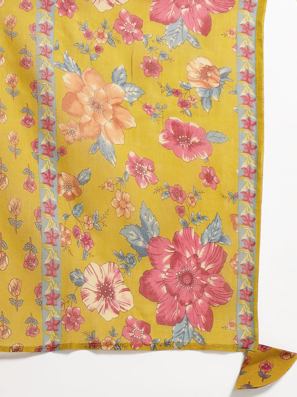 Cotton Calf Length Printed 3/4 Sleeves V-Neck Flared Kurta Suit Set