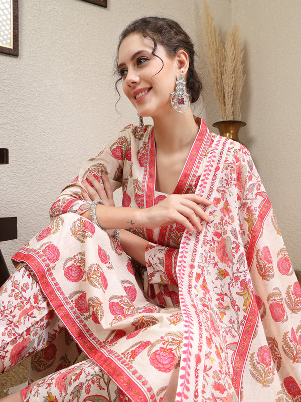 Pink Cotton Calf Length Printed V-Neck Anarkali Kurta Suit Set