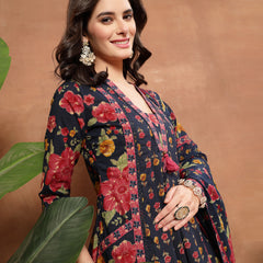 Cotton Calf Length Printed 3/4 Sleeves V-Neck Flared Kurta Suit Set