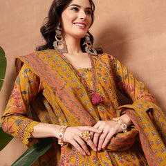 Cotton Calf Length Printed 3/4 Sleeves V-Neck Flared Kurta Suit Set