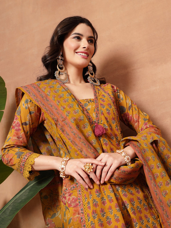 Cotton Calf Length Printed 3/4 Sleeves V-Neck Flared Kurta Suit Set