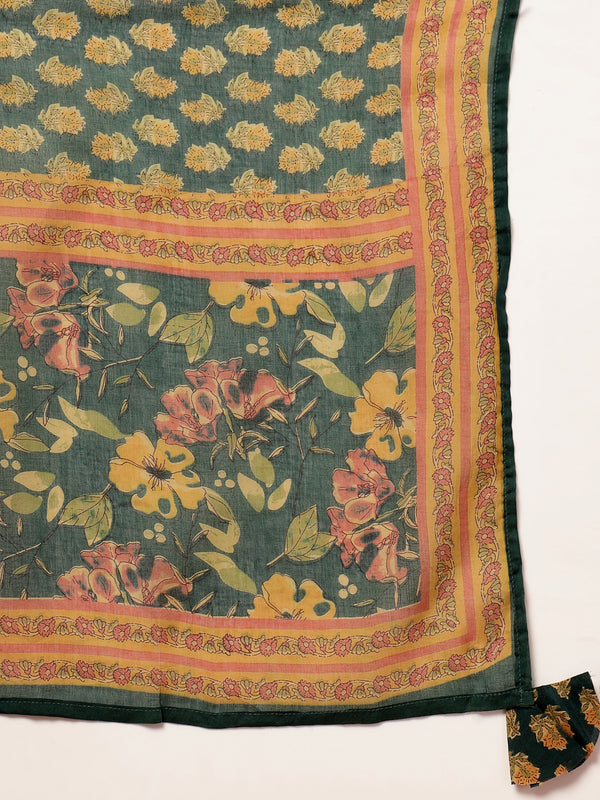 Cotton Calf Length Printed 3/4 Sleeves V-Neck Flared Kurta Suit Set