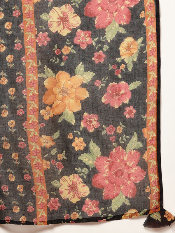 Cotton Calf Length Printed 3/4 Sleeves V-Neck Flared Kurta Suit Set