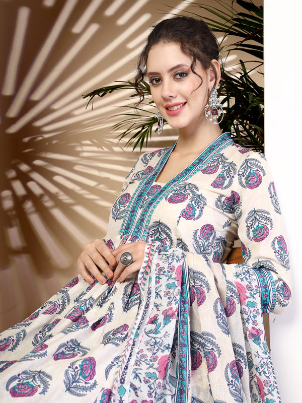Blue Cotton Calf Length Printed V-Neck Anarkali Kurta Suit Set