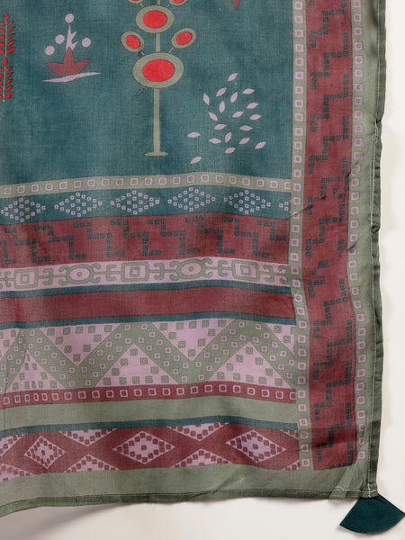 Gulmohar Jaipur Rayon Calf Length Printed 3/4 Sleeves Round Neck A-Line Kurta Suit Set