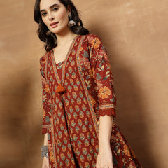 Cotton Calf Length Printed 3/4 Sleeves V-Neck Flared Kurta Suit Set