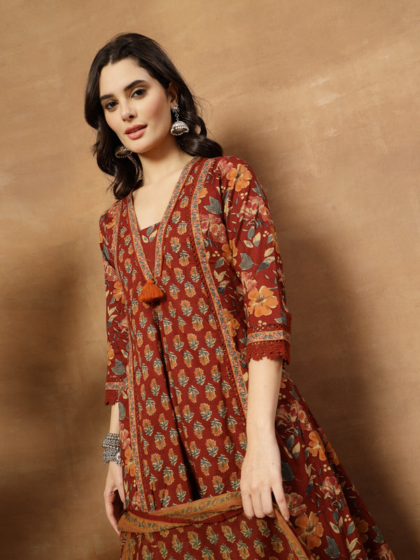 Cotton Calf Length Printed 3/4 Sleeves V-Neck Flared Kurta Suit Set