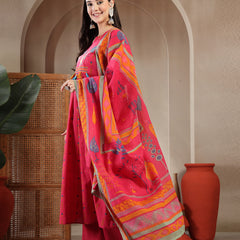 Gulmohar Jaipur Rayon Calf Length Printed 3/4 Sleeves Round Neck A-Line Kurta Suit Set