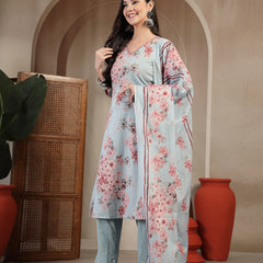 Gulmohar Jaipur Cotton Calf Length Printed 3/4 Sleeves V-Neck Straight Kurta Suit Set