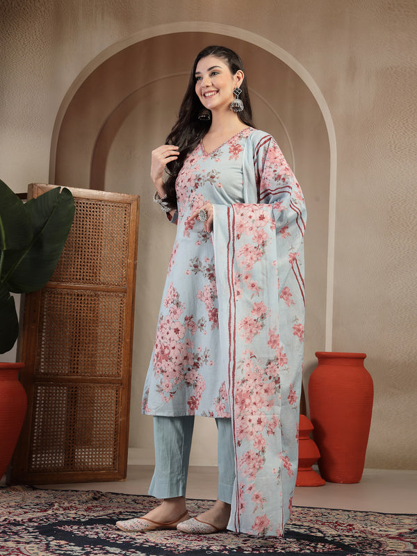 Gulmohar Jaipur Cotton Calf Length Printed 3/4 Sleeves V-Neck Straight Kurta Suit Set