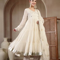 Gulmohar Jaipur Malmal Calf Length Solid Full Sleeves Anrakha Neck Anarkali Kurta Suit Set