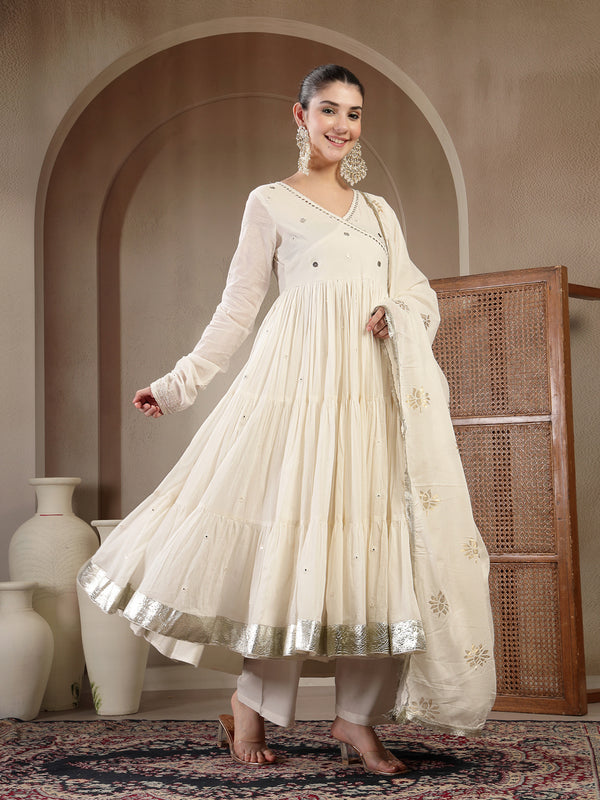 Gulmohar Jaipur Malmal Calf Length Solid Full Sleeves Anrakha Neck Anarkali Kurta Suit Set