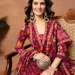 Cotton Calf Length Printed 3/4 Sleeves V-Neck Flared Kurta Suit Set