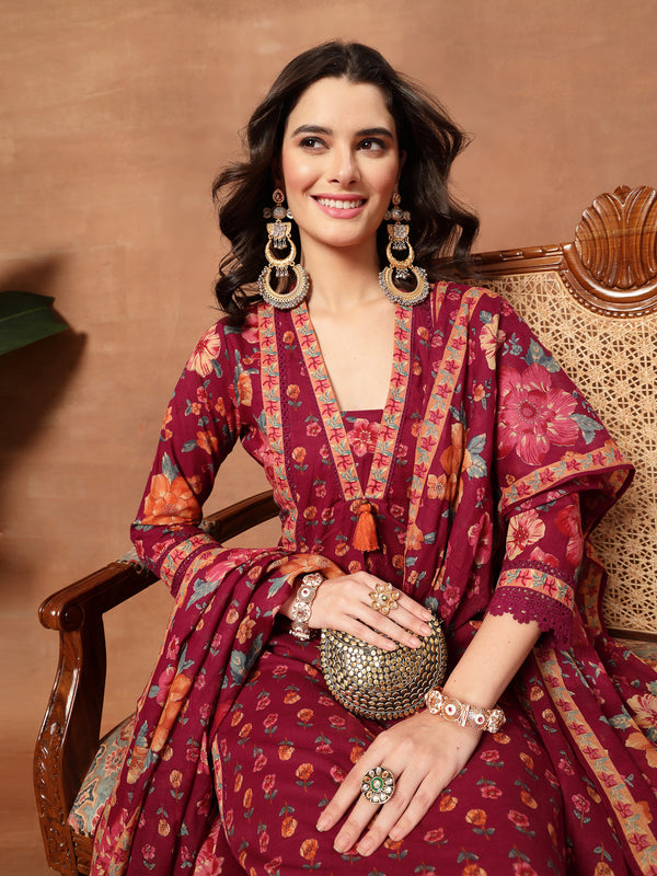 Cotton Calf Length Printed 3/4 Sleeves V-Neck Flared Kurta Suit Set