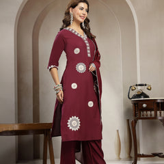 Cotton Calf Length Solid 3/4 Sleeve V-Neck Straight Kurta Suit Set