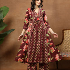 Cotton Calf Length Printed 3/4 Sleeves V-Neck Flared Kurta Suit Set